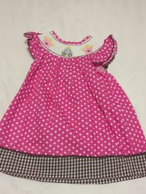Smocked Lil Cactus Pink Polka Dot Girls Dress with Embroidered Crowns